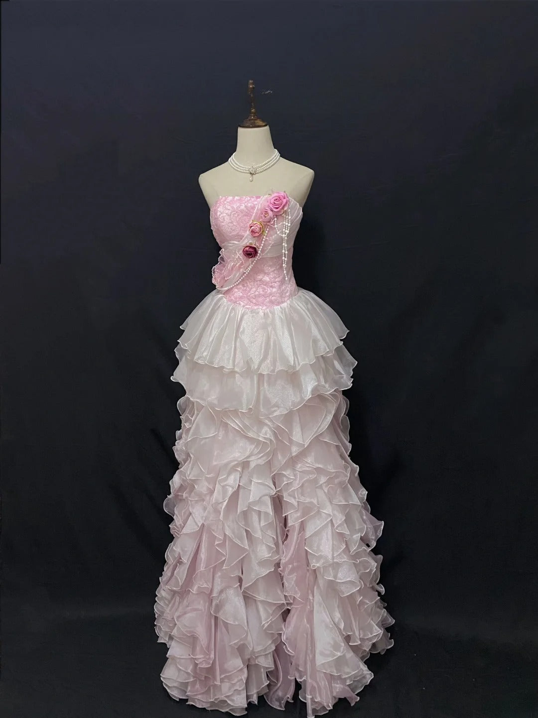 Vintage 90s A Line Strapless Pink Chiffon With Tiered Ruffled Long Prom Dresses Formal Outfit Evening Night Dress RB7876