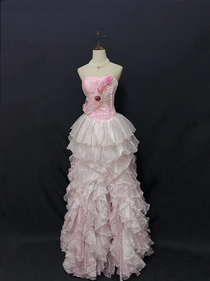 Vintage 90s A Line Strapless Pink Chiffon With Tiered Ruffled Long Prom Dresses Formal Outfit Evening Night Dress RB7876