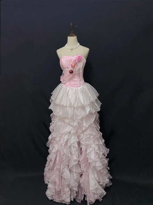 Vintage 90s A Line Strapless Pink Chiffon With Tiered Ruffled Long Prom Dresses Formal Outfit Evening Night Dress RB7876