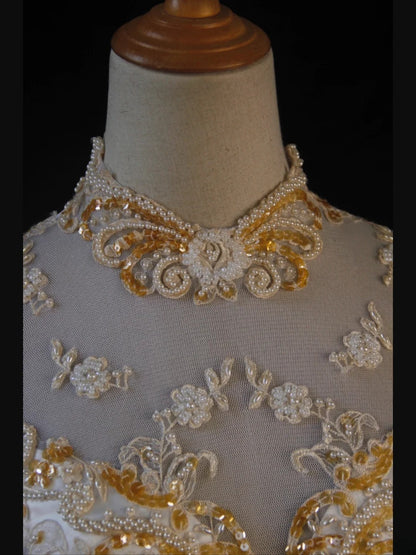 Robe de mariée élégante vintage en satin à col montant et manches, avec traîne, pour femme (AS422)