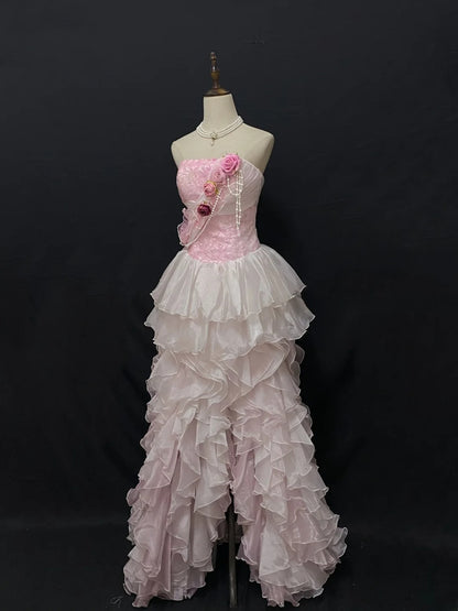 Vintage 90s A Line Strapless Pink Chiffon With Tiered Ruffled Long Prom Dresses Formal Outfit Evening Night Dress RB7876