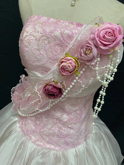 Vintage 90s A Line Strapless Pink Chiffon With Tiered Ruffled Long Prom Dresses Formal Outfit Evening Night Dress RB7876