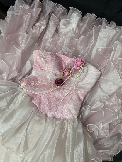 Vintage 90s A Line Strapless Pink Chiffon With Tiered Ruffled Long Prom Dresses Formal Outfit Evening Night Dress RB7876