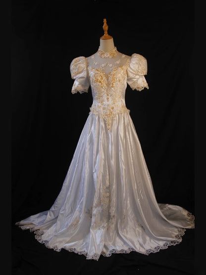 Robe de mariée élégante vintage en satin à col montant et manches, avec traîne, pour femme (AS422)