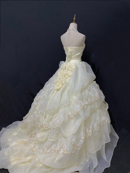 Princess Vibes Ball Gown Sweetheart Light Yellow Long With Tiered Ruffled Corset Fitted Back Quince Dress inspo Quinceanera Dresses Sweet 16 Outfit RB7877