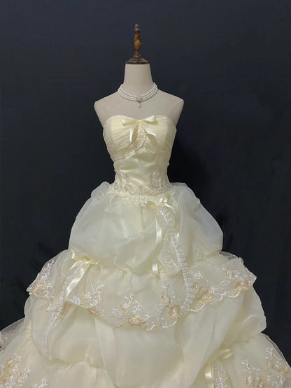 Princess Vibes Ball Gown Sweetheart Light Yellow Long With Tiered Ruffled Corset Fitted Back Quince Dress inspo Quinceanera Dresses Sweet 16 Outfit RB7877