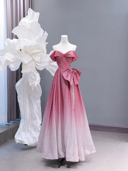 Elegantes, schulterfreies, langes Paillettenkleid in A-Linie, rosa-weißem Ombré-Stil, perfekt für Abschlussball, festliche Abendveranstaltungen und Dinnerpartys (Modell AS424).