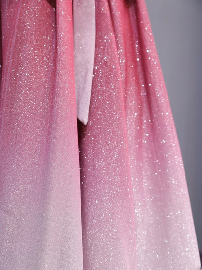 Elegantes, schulterfreies, langes Paillettenkleid in A-Linie, rosa-weißem Ombré-Stil, perfekt für Abschlussball, festliche Abendveranstaltungen und Dinnerpartys (Modell AS424).