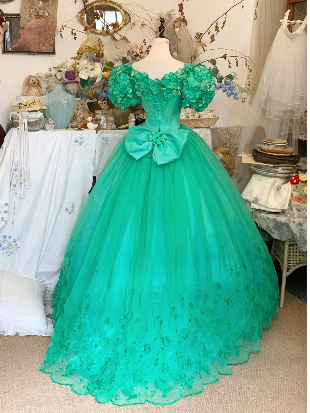 Sweet 16 Dress Ballgown V Neck Green WIth Flowers Sweet Sixteen Dress With Flowers RB9430