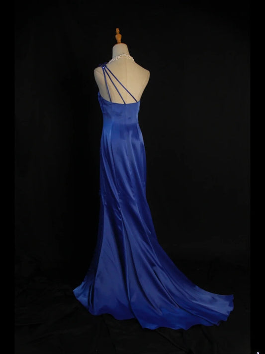 Retro 1950s Mermaid One Shoulder Royal Blue Satin With Flowers Slit Long Prom Dresses Inspo 22th Birthday Outfit Formal Dress AS425