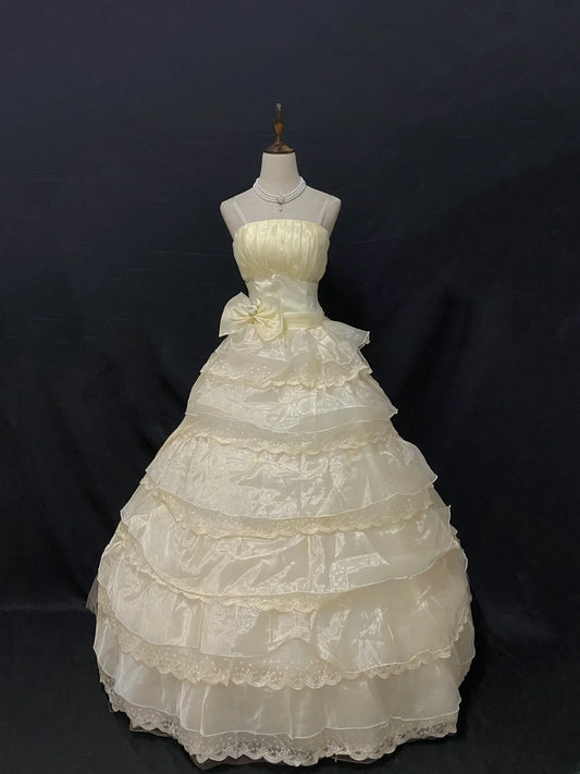 Princess Vibes Ball Gown Strapless Yellow Organza Long With Tiered Ruffled Corset Fitted Back Quince Dress inspo Quinceanera Dresses Sweet 16 Outfit RB7879