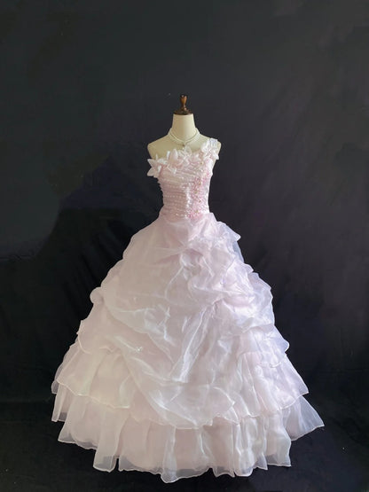 Princess Vibes Ball Gown One Shoulder Pink Organza Long With Flowers Ruffled Corset Fitted Back Quince Dress inspo Quinceanera Dresses Sweet 16 Outfit RB7880