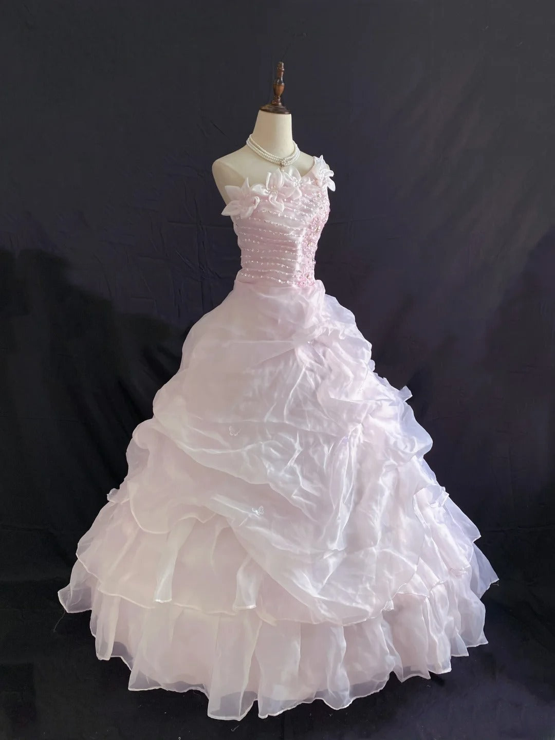 Princess Vibes Ball Gown One Shoulder Pink Organza Long With Flowers Ruffled Corset Fitted Back Quince Dress inspo Quinceanera Dresses Sweet 16 Outfit RB7880
