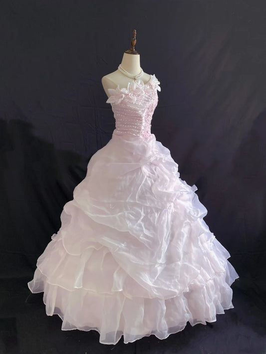 Princess Vibes Ball Gown One Shoulder Pink Organza Long With Flowers Ruffled Corset Fitted Back Quince Dress inspo Quinceanera Dresses Sweet 16 Outfit RB7880