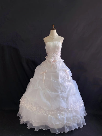 Princess Vibes Ball Gown Strapless Light Pink Organza Long With Lace Ruffled Quince Dress inspo Quinceanera Dresses Sweet 16 Outfit RB7881