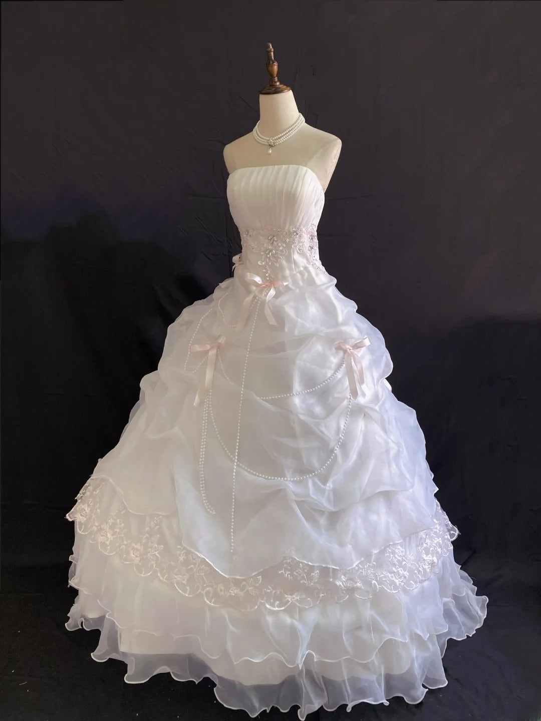 Princess Vibes Ball Gown Strapless Light Pink Organza Long With Lace Ruffled Quince Dress inspo Quinceanera Dresses Sweet 16 Outfit RB7881