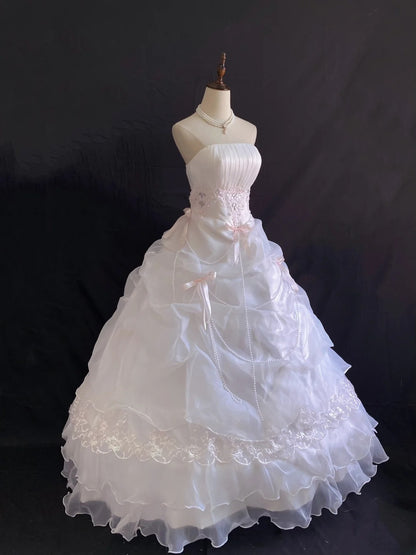 Princess Vibes Ball Gown Strapless Light Pink Organza Long With Lace Ruffled Quince Dress inspo Quinceanera Dresses Sweet 16 Outfit RB7881