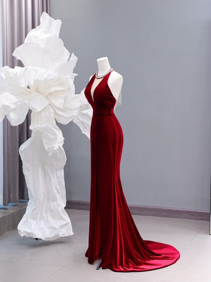 Modest Prom Dresses Aesthetic Mermaid Scoop Neck Burgundy Velvet Inspiration Impress Long Party Formal Gown For Teenagers High Schools AS427