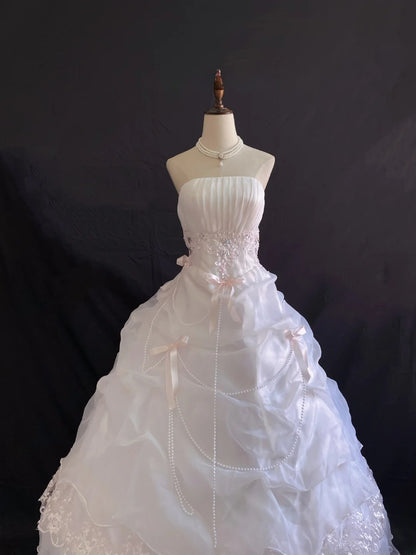 Princess Vibes Ball Gown Strapless Light Pink Organza Long With Lace Ruffled Quince Dress inspo Quinceanera Dresses Sweet 16 Outfit RB7881