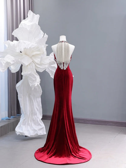 Modest Prom Dresses Aesthetic Mermaid Scoop Neck Burgundy Velvet Inspiration Impress Long Party Formal Gown For Teenagers High Schools AS427