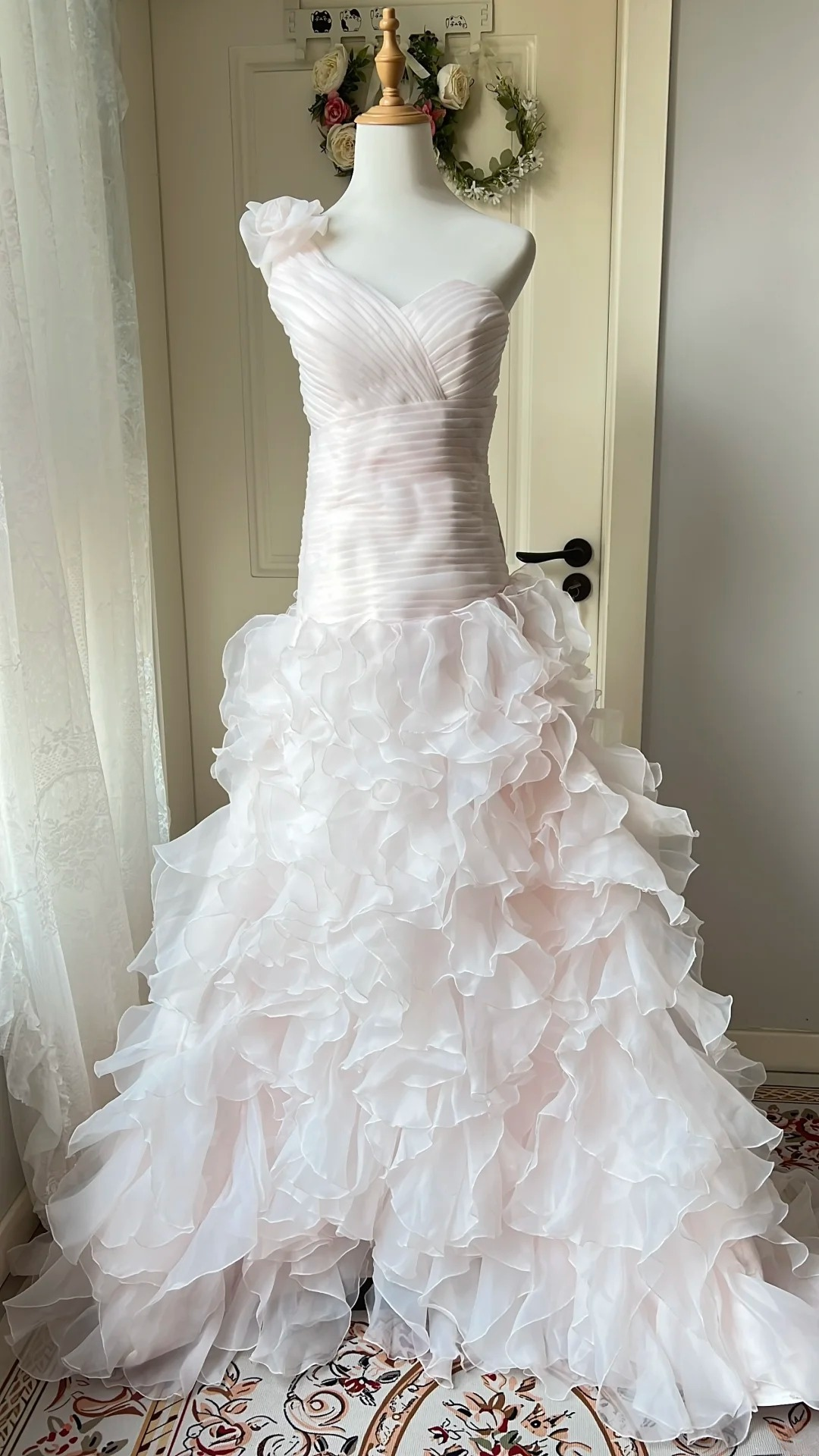 Modest Prom Dresses Mermaid One Shoulder Pink With Tiered Layers Long Evening Outfits RC0748