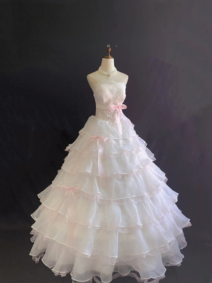 Princess Vibes Ball Gown Strapless Light Pink Organza Long With Lace Bow Quince Dress inspo Quinceanera Dresses Sweet 16 Outfit RB7882
