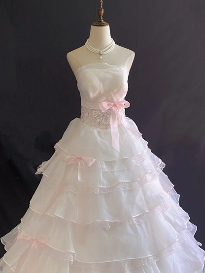 Princess Vibes Ball Gown Strapless Light Pink Organza Long With Lace Bow Quince Dress inspo Quinceanera Dresses Sweet 16 Outfit RB7882