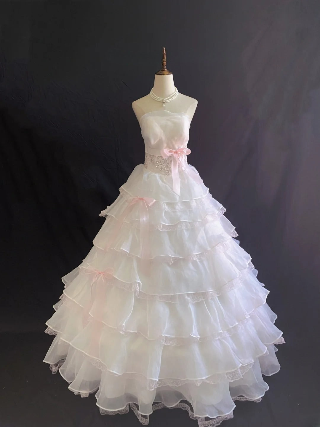 Princess Vibes Ball Gown Strapless Light Pink Organza Long With Lace Bow Quince Dress inspo Quinceanera Dresses Sweet 16 Outfit RB7882