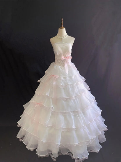 Princess Vibes Ball Gown Strapless Light Pink Organza Long With Lace Bow Quince Dress inspo Quinceanera Dresses Sweet 16 Outfit RB7882