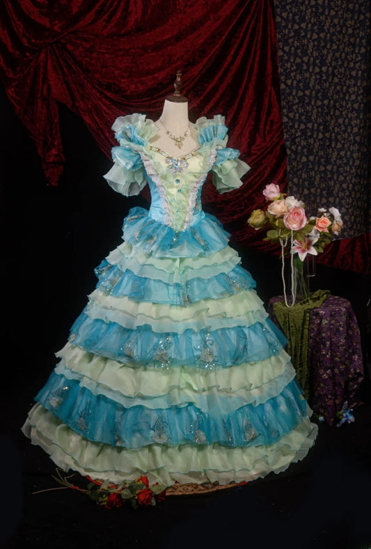 Wunderschönes blaues Quinceanera-Ballkleid mit V-Ausschnitt und Ärmeln für die Feier zum 15. Geburtstag, Vestido De 15 Años RB8614