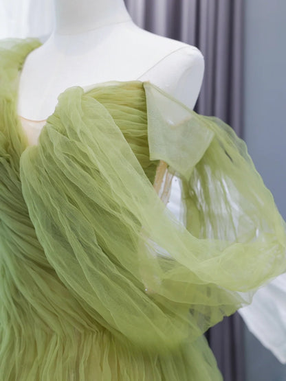 Elegantes, schlichtes A-Linien-Abendkleid aus salbeigrünem Tüll mit One-Shoulder-Schnitt – ein beeindruckendes, langes Abendkleid für Teenager und Schülerinnen (AS432).