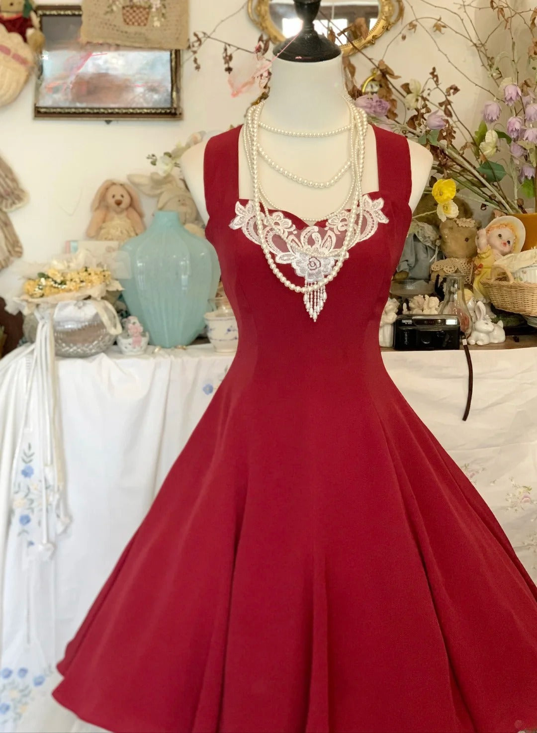 Vintage Hoco Dress Red Satin Tea Length Ball Gown Homecoming Party Dress RB9433