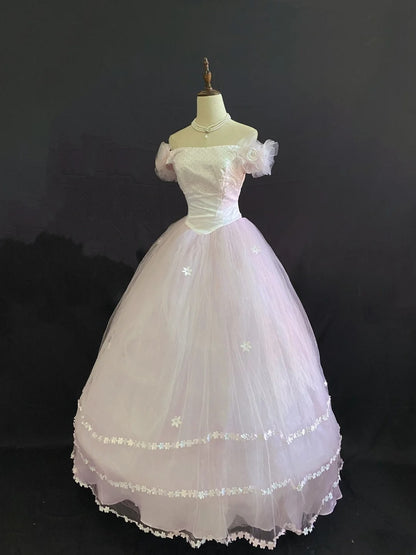 Sweety Ball Gown Off The Shoulder Light Pink Tulle Long With Flowers Quince Dress inspo Quinceanera Dresses Sweet 16 Outfit RB7888