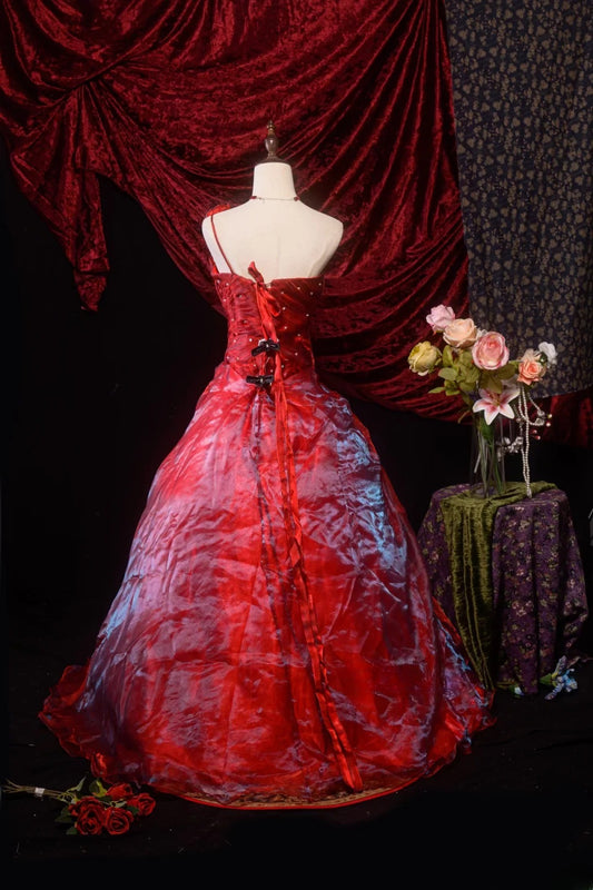 Hübsches schulterfreies Ballkleid aus rotem Organza für Quinceañera, mit Blumen verziert, für Sweet 15 Feier, Geburtstag und formelle Anlässe RB8617