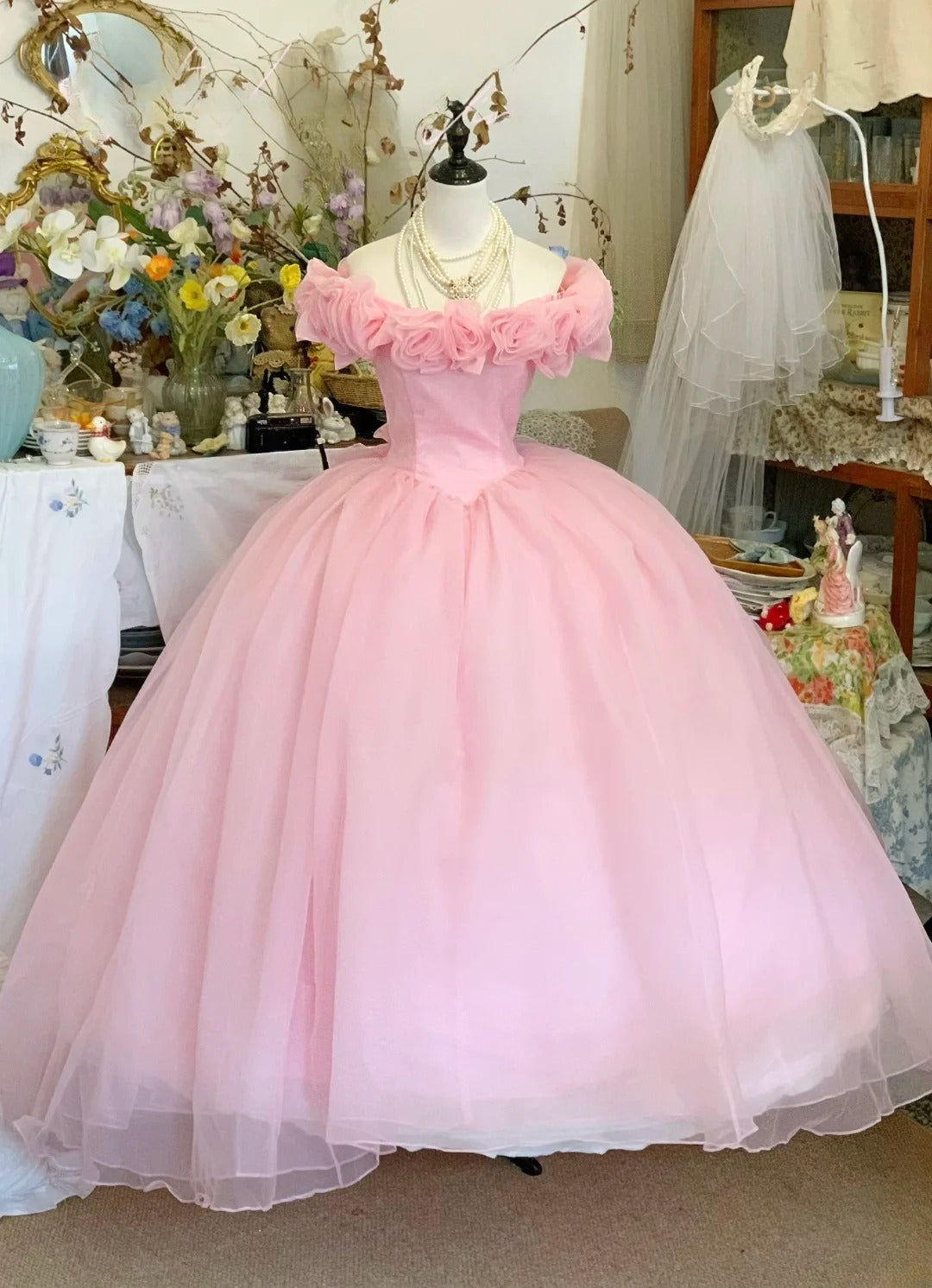 Sweet 16 Dress Ballgown Off Shoulder Pink WIth Flowers Sweet Sixteen Dress With Flowers RB9434