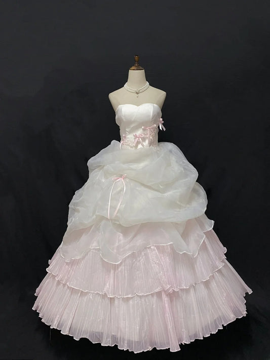 Sweety Ball Gown Sweetheart Light Pink Organza Long With Bow-knot Quince Dress inspo Quinceanera Dresses Formal Birthday Outfit RB7893