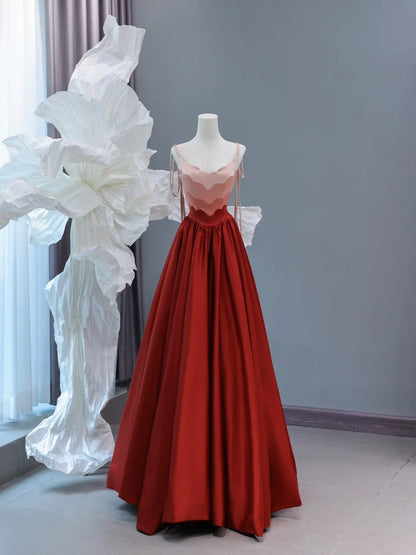 Elegantes, schlichtes A-Linien-Abendkleid mit Spaghettiträgern in Burgunderrot – ein beeindruckendes, langes Abendkleid aus Satin für Teenager und Gymnasien (AS438).