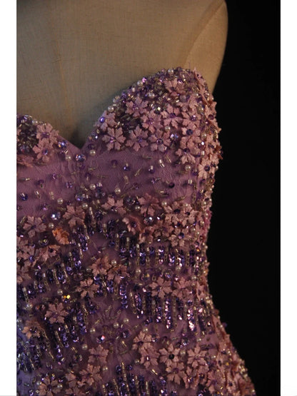 Vintage Meerjungfrauen-Abendkleid aus lila Tüll im Stil der 1950er Jahre mit Perlenbesatz, herzförmigem Ausschnitt, Inspiration für den 18. Geburtstag, formelles Abendkleid AS439