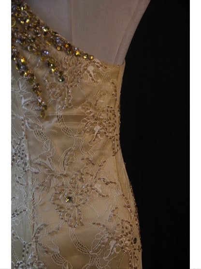 Retro-Meerjungfrauenkleid aus gelbem Chiffon im Stil der 1950er-Jahre mit goldener Perlenspitze, One-Shoulder-Schnitt und Meerjungfrauen-Schnitt – Inspiration für das Outfit zum 22. Geburtstag – formelles Kleid AS440