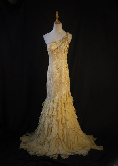 Retro-Meerjungfrauenkleid aus gelbem Chiffon im Stil der 1950er-Jahre mit goldener Perlenspitze, One-Shoulder-Schnitt und Meerjungfrauen-Schnitt – Inspiration für das Outfit zum 22. Geburtstag – formelles Kleid AS440