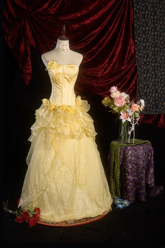 Classic Ball Gown Strapless Yellow Tulle Sweet 16 Long Prom Dress Inspiration Party Senior Dance Prom Dresses RB8619