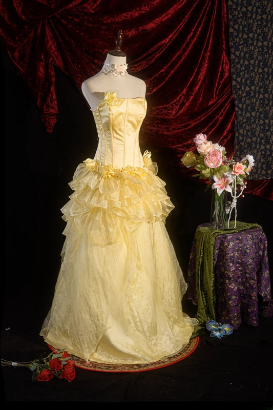 Classic Ball Gown Strapless Yellow Tulle Sweet 16 Long Prom Dress Inspiration Party Senior Dance Prom Dresses RB8619