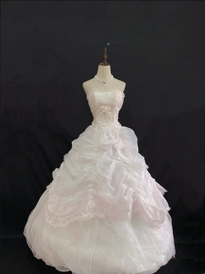 Cute Ball Gown Strapless Pink Lace Long With Tiered Layers Quince Dress inspo Quinceanera Dresses Formal Birthday Outfit RB7898