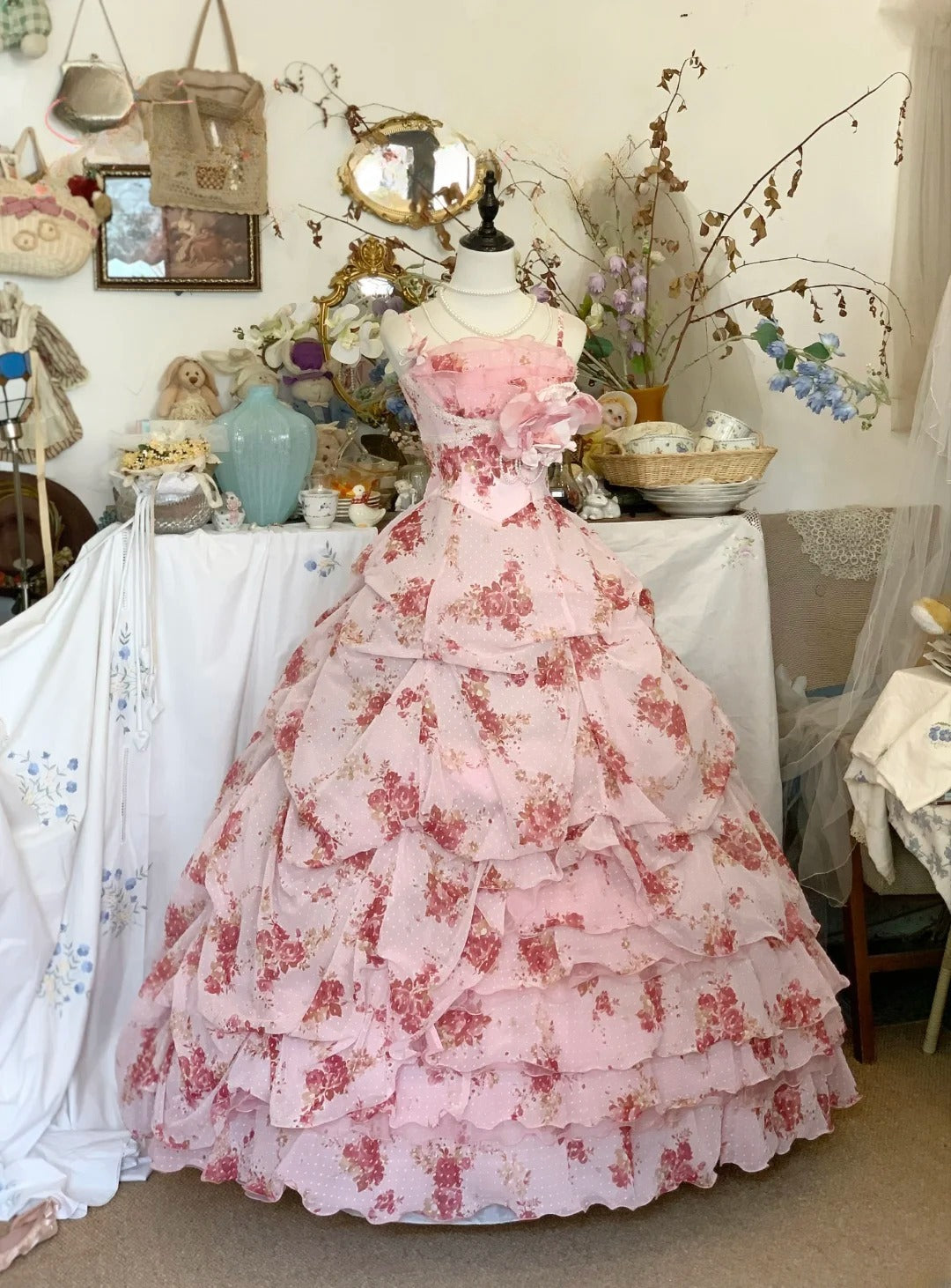Sweet 16 Dress Ballgown Spaghetti Straps Floral Pink Sweet Sixteen Dress With Flowers RB9439