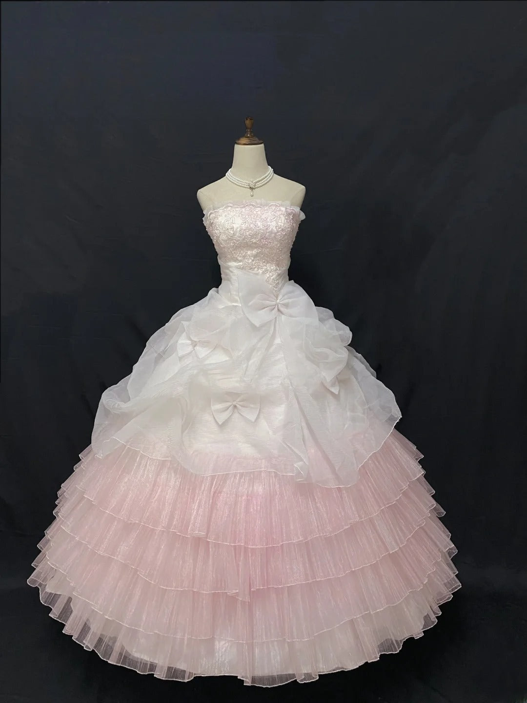 Cute Ball Gown Strapless Pink Lace Long With Tiered Layers Quince Dress inspo Quinceanera Dresses Formal 18th Birthday Outfit RB7899