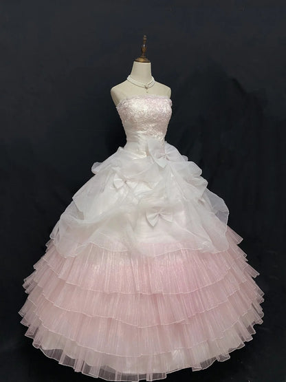 Cute Ball Gown Strapless Pink Lace Long With Tiered Layers Quince Dress inspo Quinceanera Dresses Formal 18th Birthday Outfit RB7899