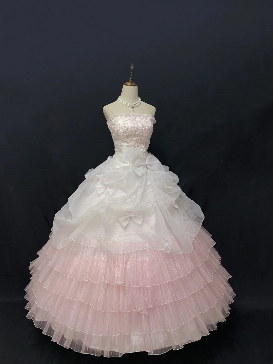 Cute Ball Gown Strapless Pink Lace Long With Tiered Layers Quince Dress inspo Quinceanera Dresses Formal 18th Birthday Outfit RB7899