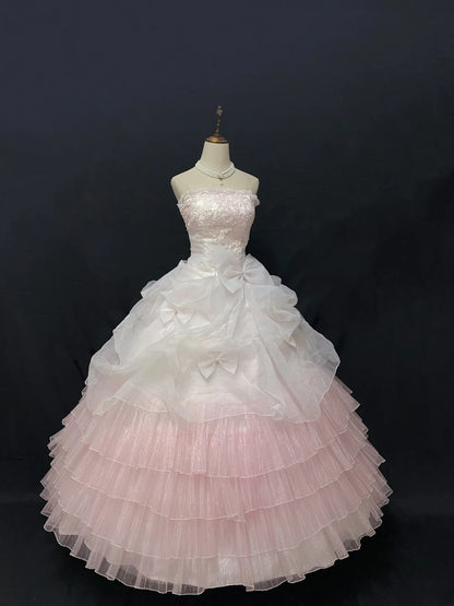 Cute Ball Gown Strapless Pink Lace Long With Tiered Layers Quince Dress inspo Quinceanera Dresses Formal 18th Birthday Outfit RB7899