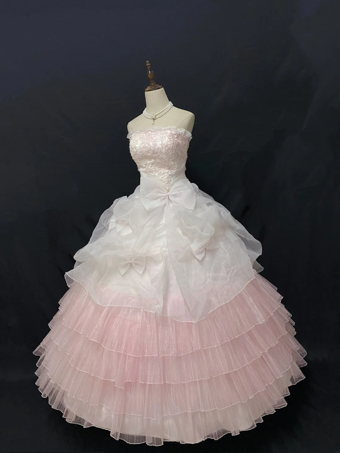 Cute Ball Gown Strapless Pink Lace Long With Tiered Layers Quince Dress inspo Quinceanera Dresses Formal 18th Birthday Outfit RB7899