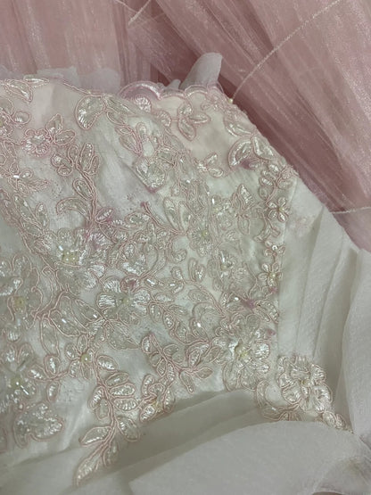 Cute Ball Gown Strapless Pink Lace Long With Tiered Layers Quince Dress inspo Quinceanera Dresses Formal 18th Birthday Outfit RB7899